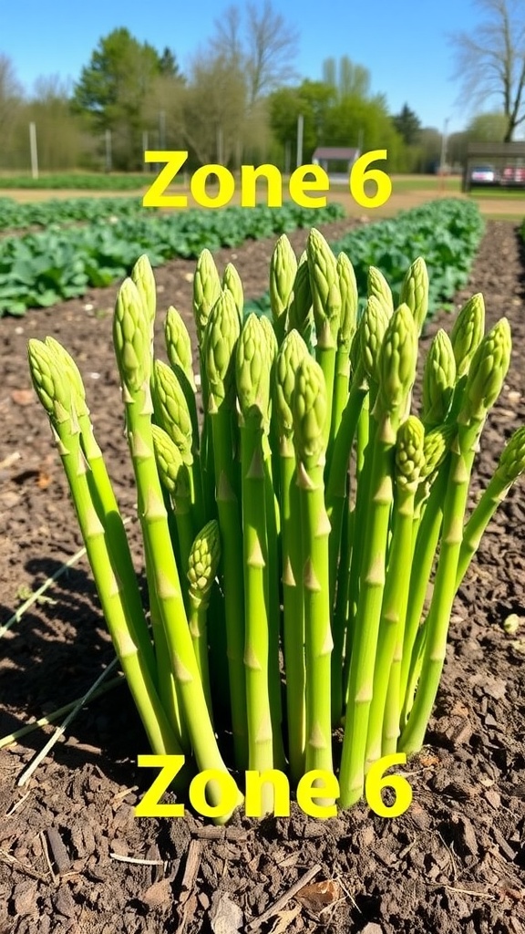 Lush green asparagus spears growing in a sunny garden.